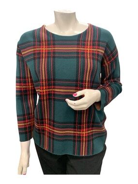 Tahari Teal Plaid Crewneck Sweater with Red & Yellow Accents